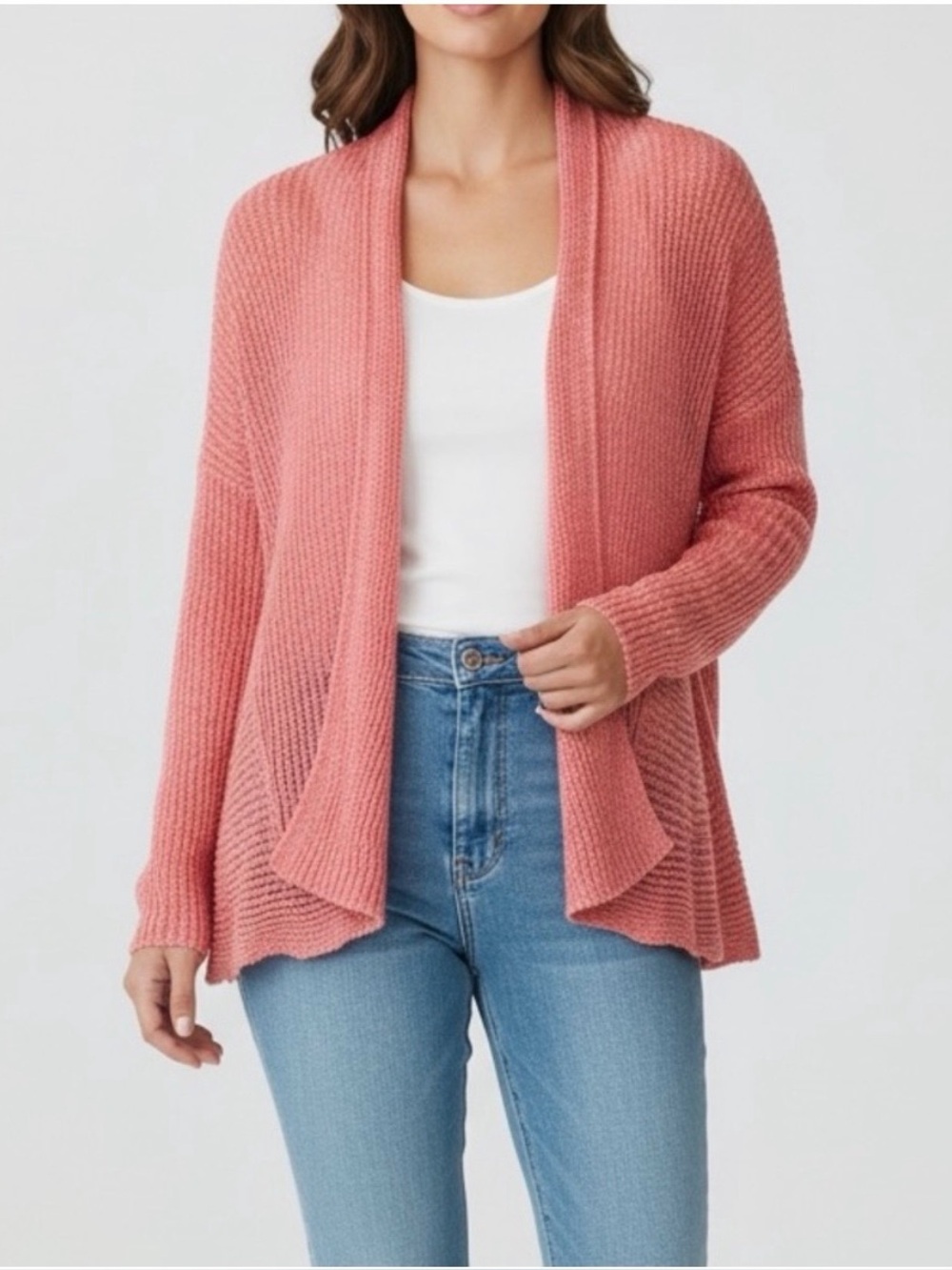 Eileen Fisher Open-Front 100% Linen Cardigan Sweater Rose Crochet Lagenlook